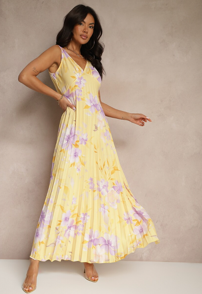 Yellow floral sleeveless maxi dress with pleated skirt and V-neck, elegant summer dress style