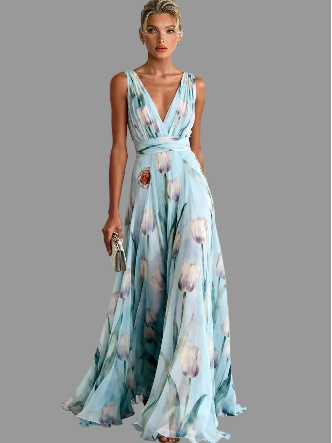 Light blue floral sleeveless maxi dress with deep V-neck and waist tie, flowing skirt