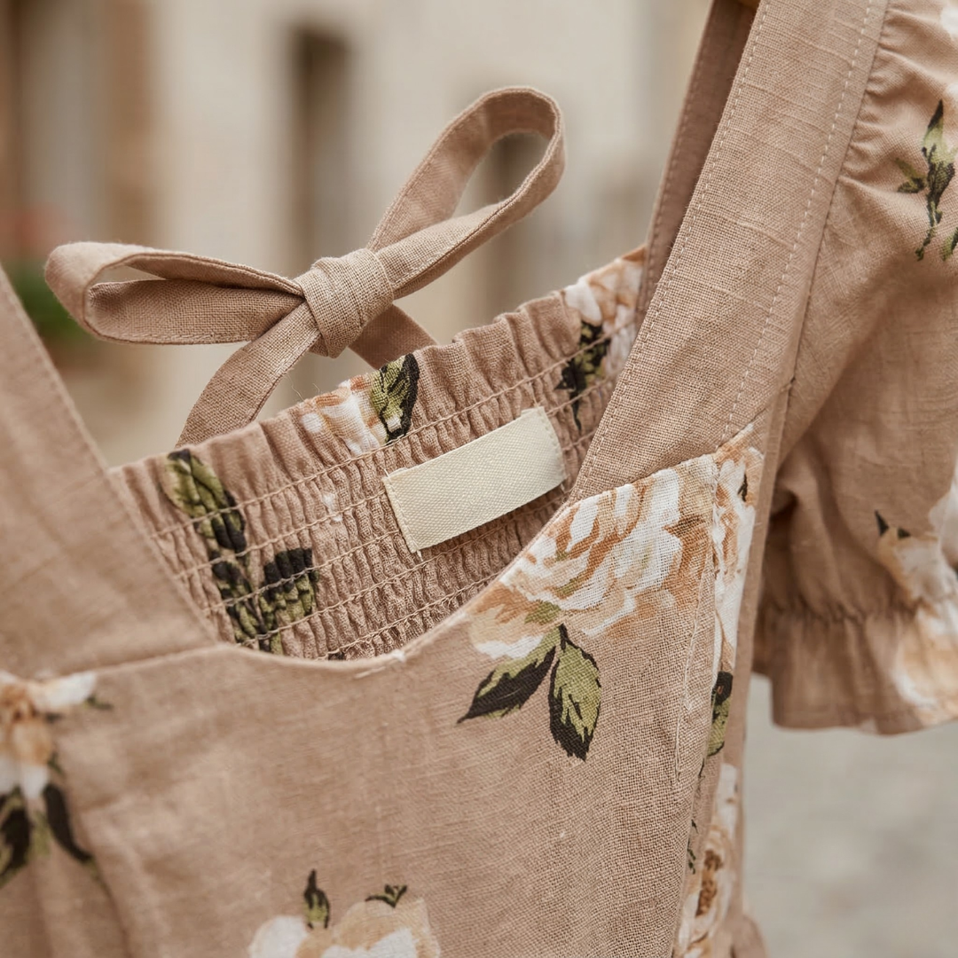 Close-up of floral square neck midi dress showing smocked bodice, back tie, and puff sleeve