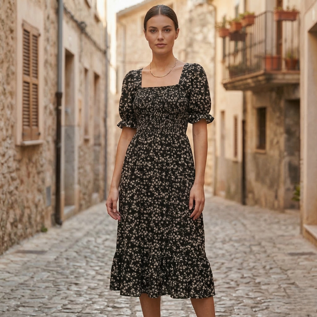 Black floral square neck midi dress with puff sleeves and fitted smocked waist