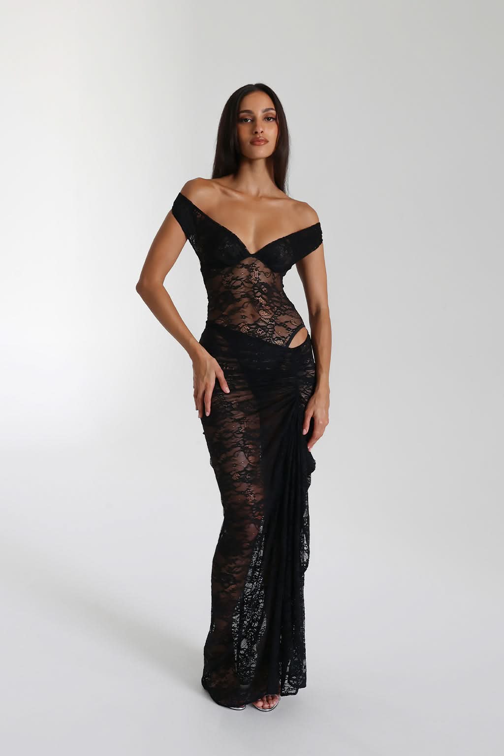 Black off shoulder lace maxi dress with sheer bodice and thigh slit, formal gown