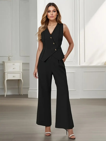 Brown sleeveless vest and wide leg pants set with matching clutch in a formal outfit