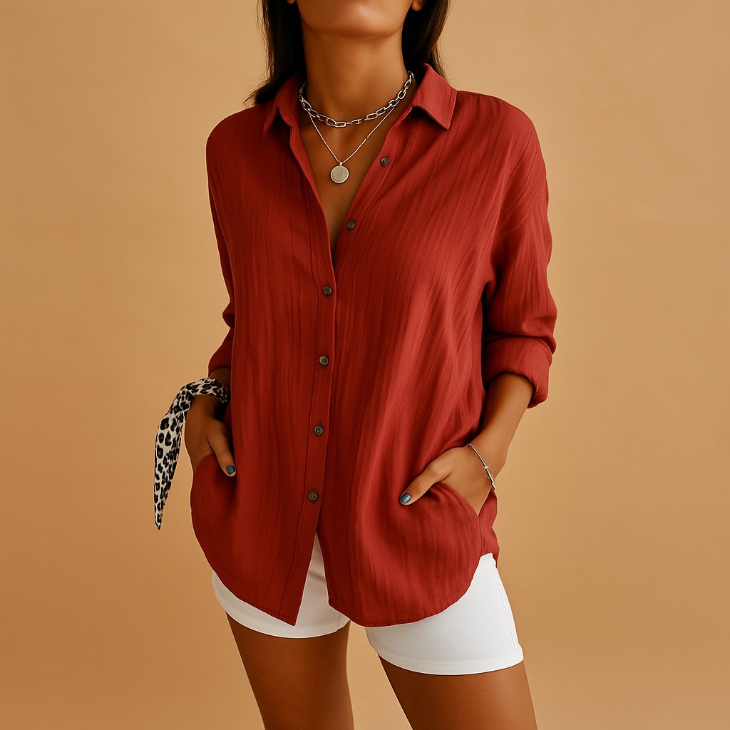 Red linen button down long sleeve shirt with relaxed fit and rolled sleeves