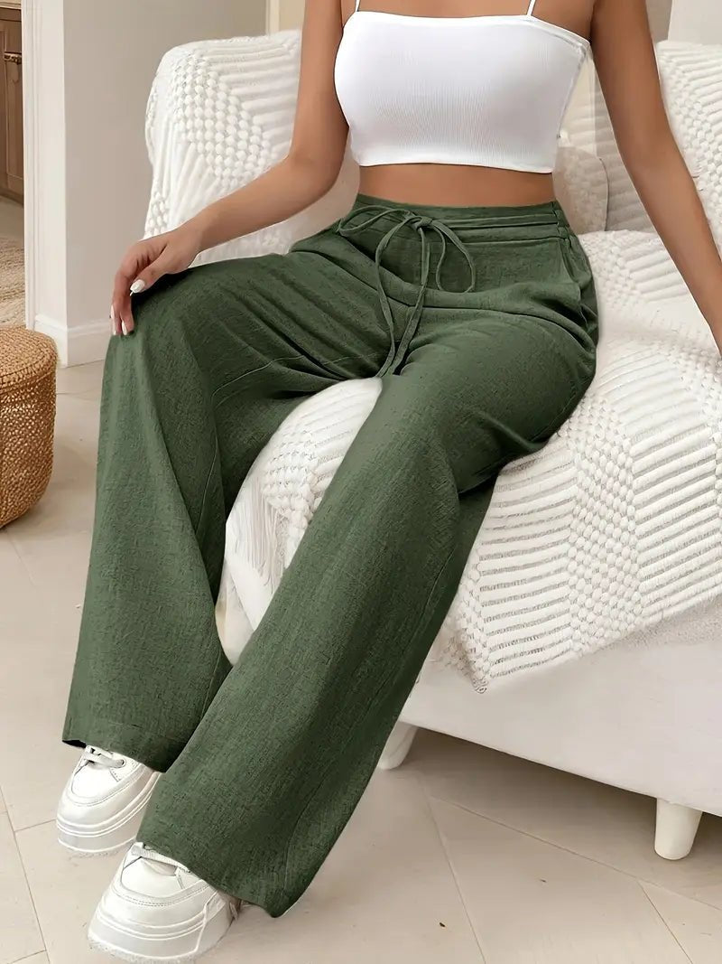 Dark green women's linen wide leg pants with high waist, drawstring front, and casual fit