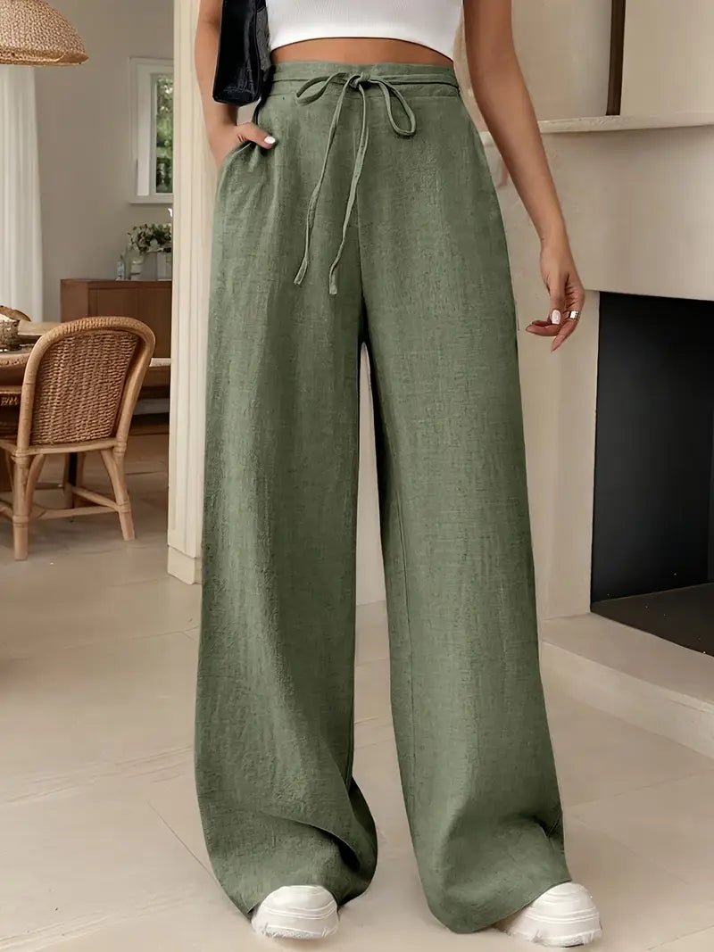 Olive green women's linen wide leg high waisted pants with drawstring waist and relaxed fit