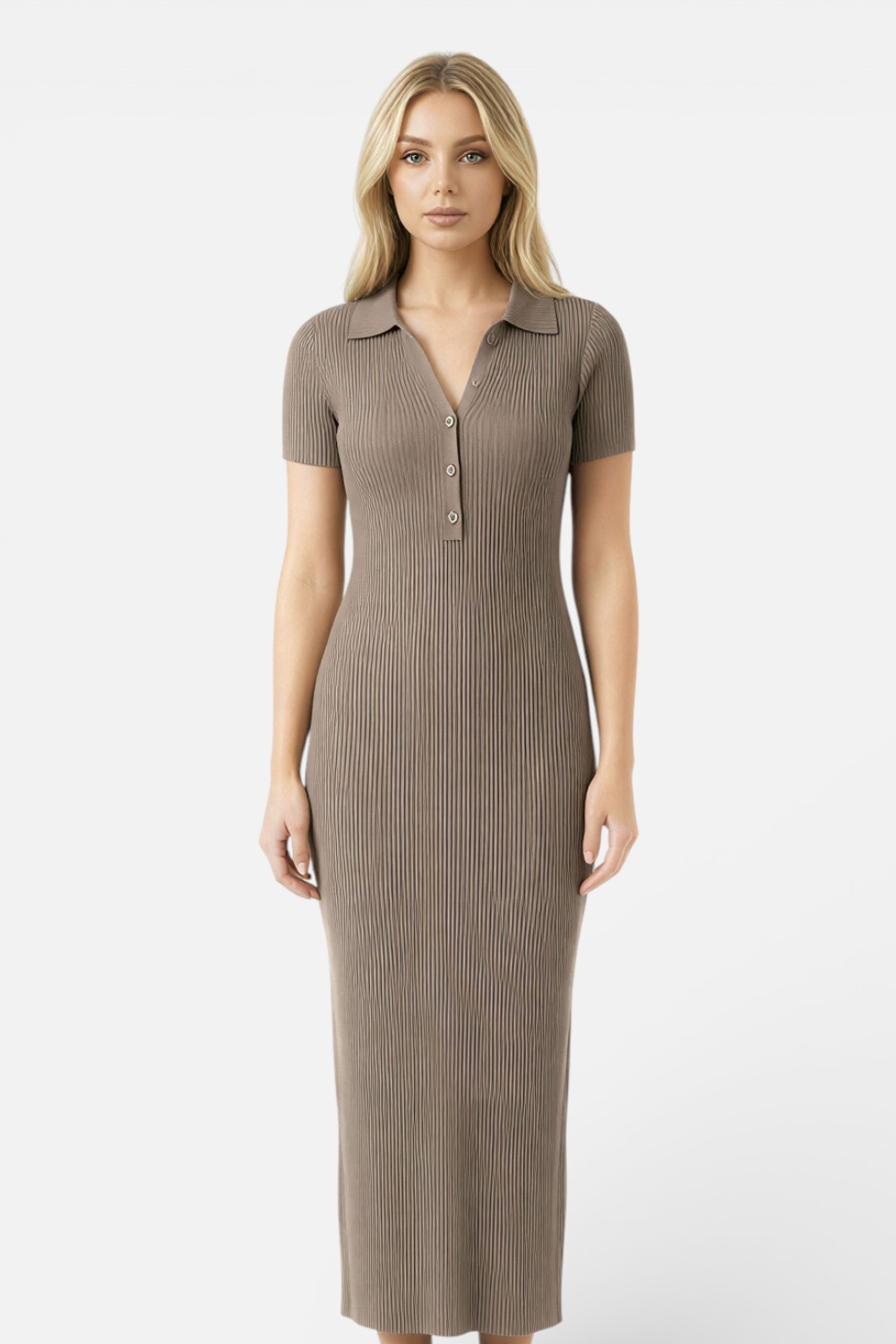 Taupe ribbed polo maxi dress with short sleeves and button front