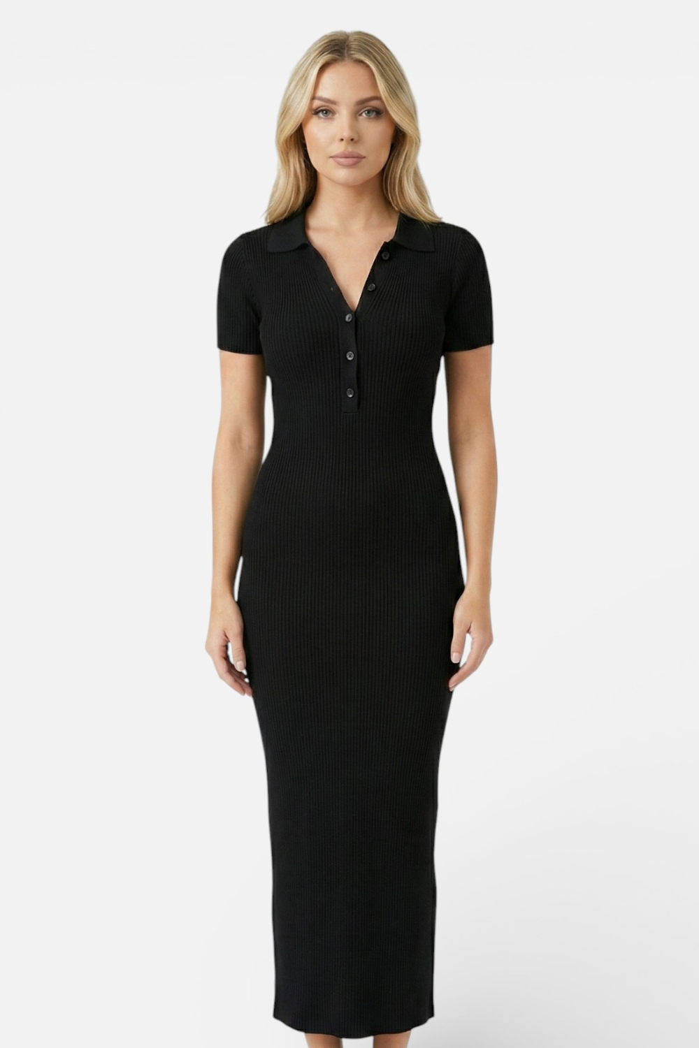 Black ribbed polo maxi dress with short sleeves and fitted silhouette