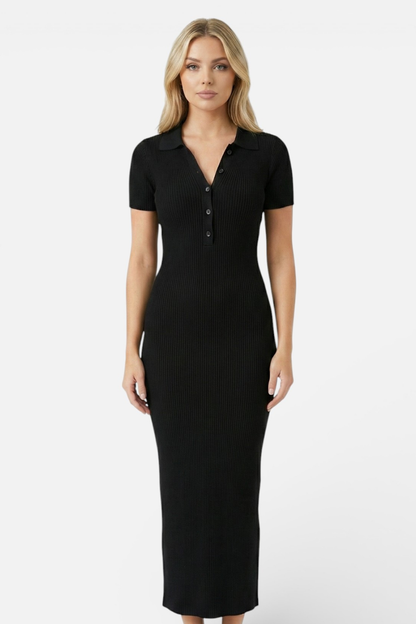 Black ribbed polo maxi dress with short sleeves and fitted silhouette