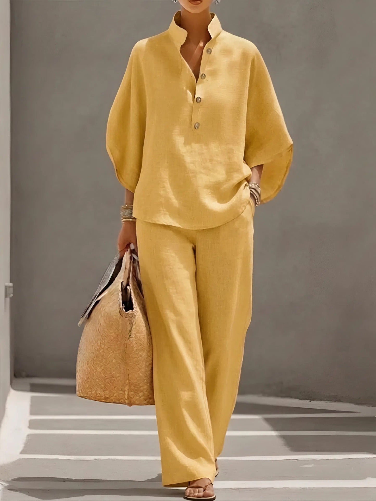 Mustard yellow linen two piece set, button up top with dolman sleeves and wide leg pants
