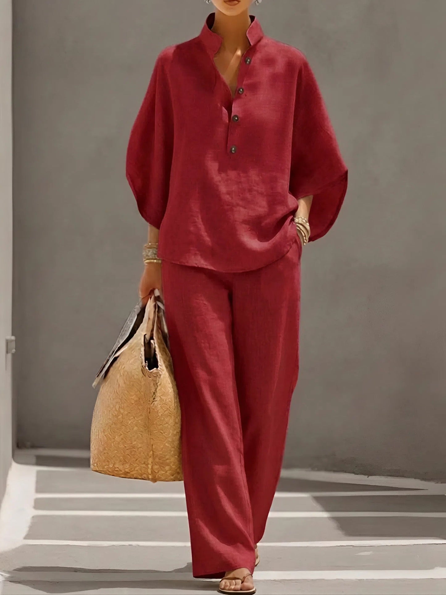 Burgundy red linen two piece set with half button shirt top and wide leg pants