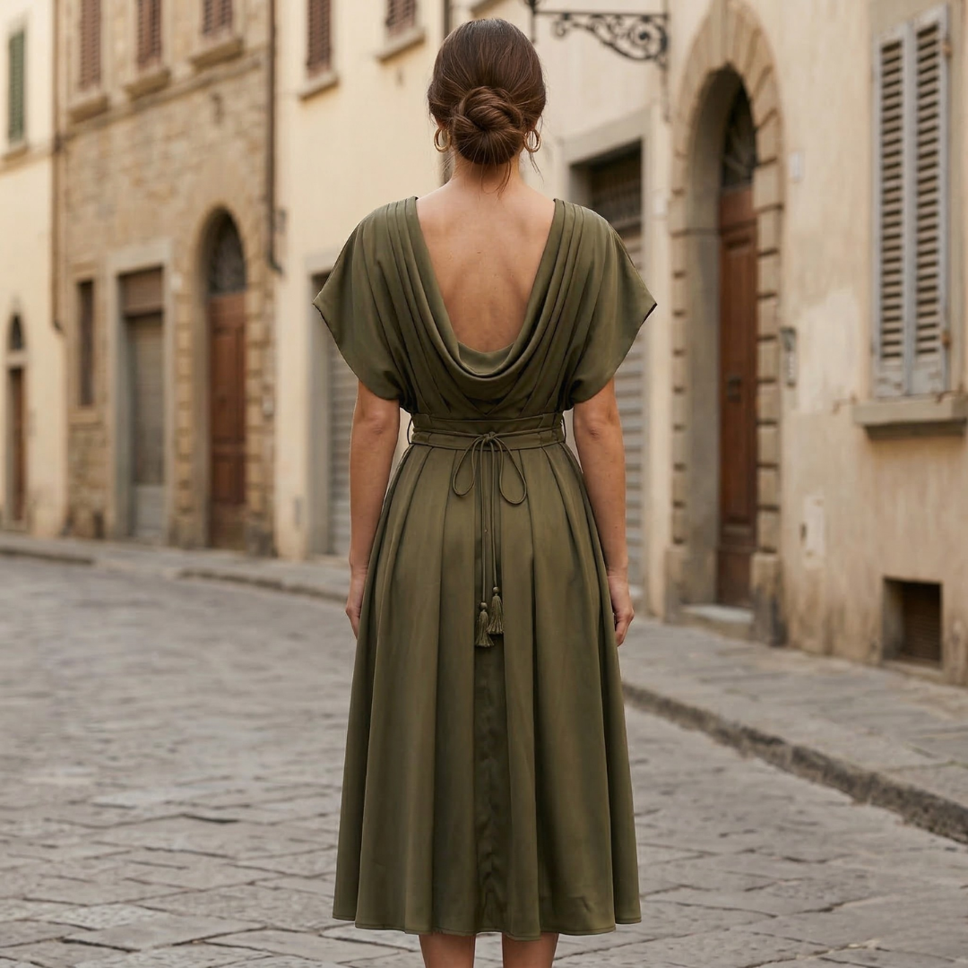 Back view of olive green midi dress with low open back and tie waist