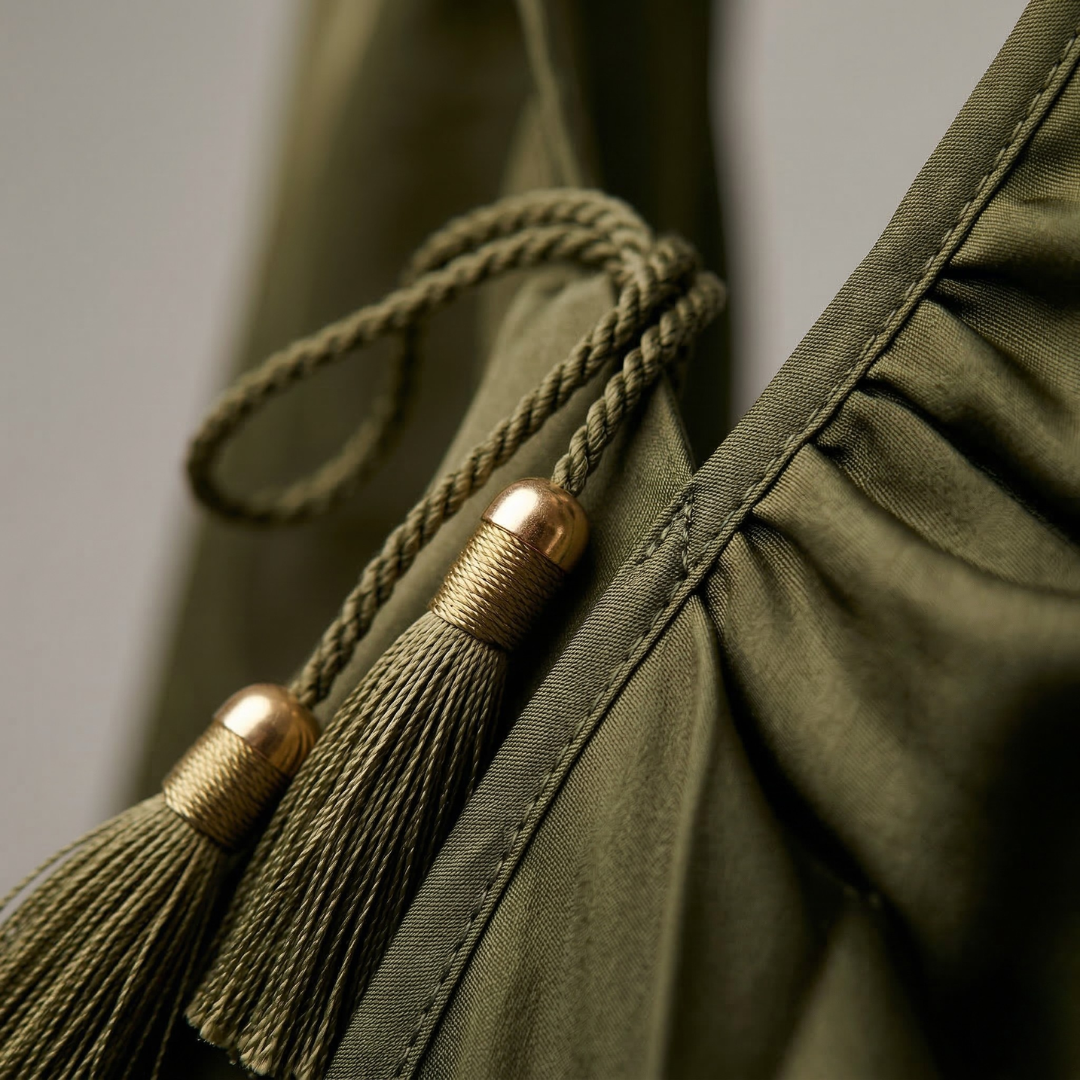 Close-up of olive green dress tie waist tassels and gathered fabric detail