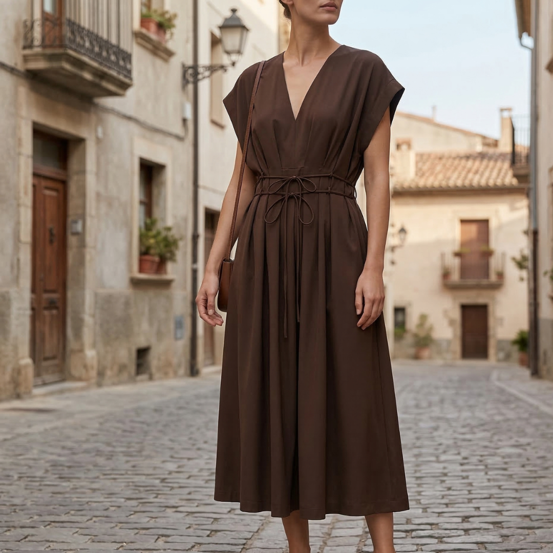 Brown deep V neck midi dress with cap sleeves and adjustable tie waist