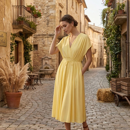 Yellow summer dress with deep V neck, short sleeves, pockets and tie waist