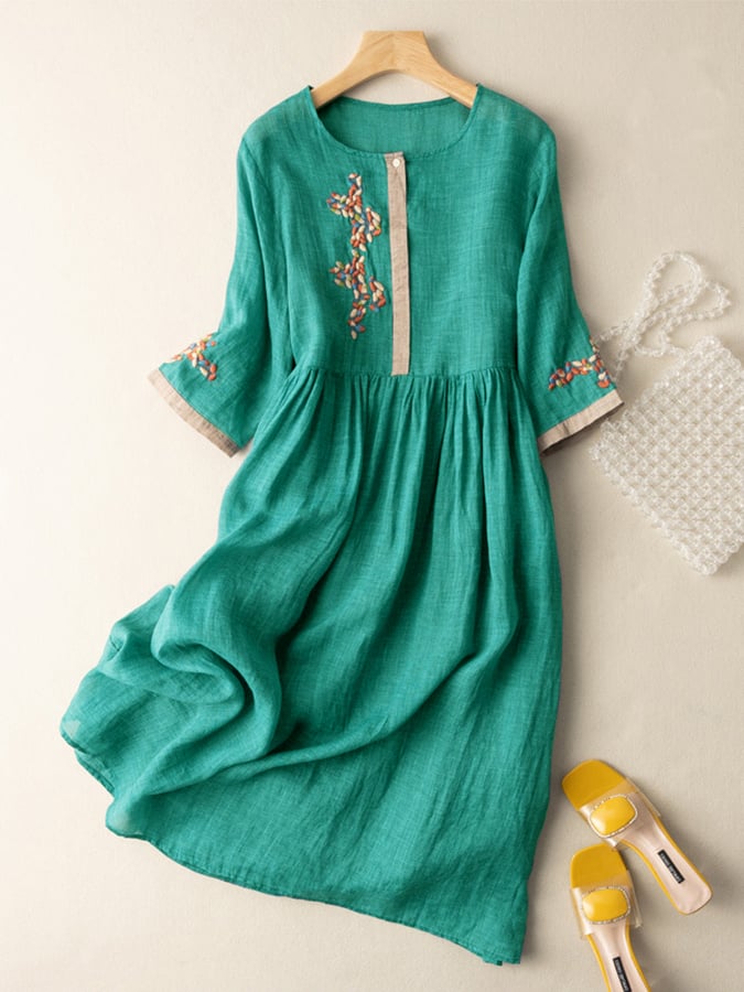 Teal women's summer embroidered midi dress with gathered waist and 3/4 sleeves