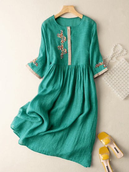 Teal women's summer embroidered midi dress with gathered waist and 3/4 sleeves