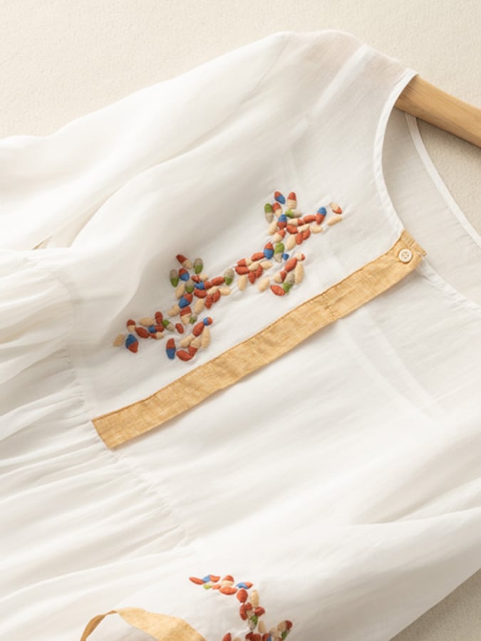 Close-up of white embroidered midi dress with multicolor floral stitching and tan placket