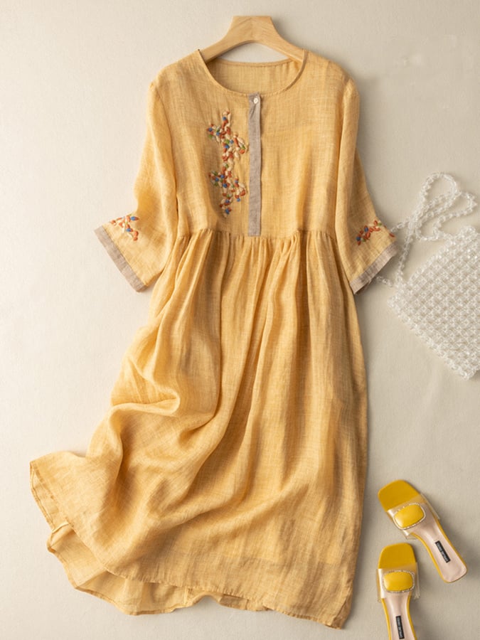 Mustard yellow women's summer embroidered midi dress with 3/4 sleeves and floral detail