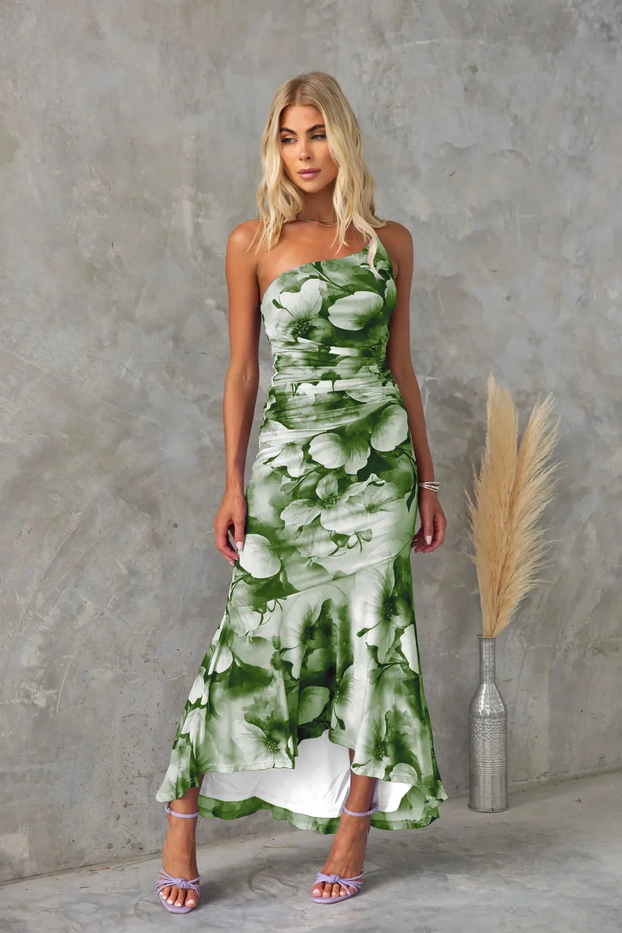 Green floral one shoulder midi dress with ruched waist and asymmetrical hemline