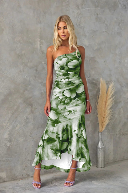 Green floral one shoulder midi dress with ruched waist and asymmetrical hemline
