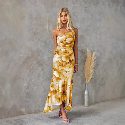 Green floral one shoulder midi dress with fitted silhouette and flowing midi length