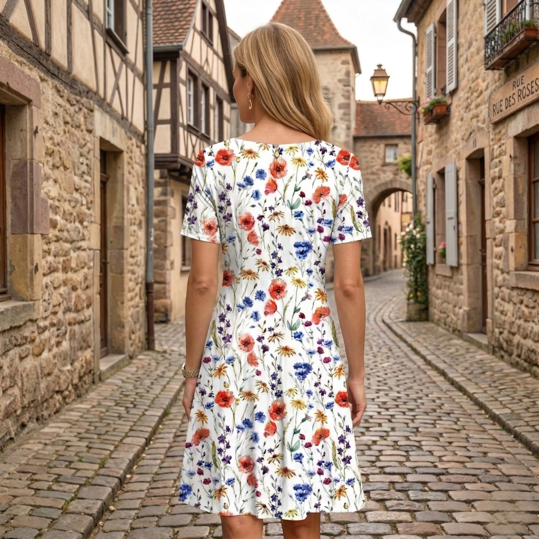 Back view of women's floral midi dress with scoop neckline and short sleeves