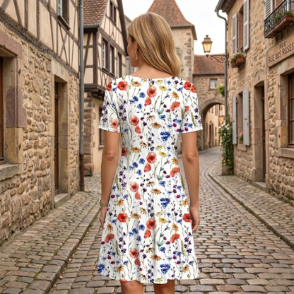 Back view of women's floral midi dress with scoop neckline and short sleeves