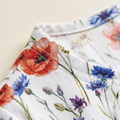 Close-up of floral scoop neck midi dress fabric with red, blue, and purple flowers