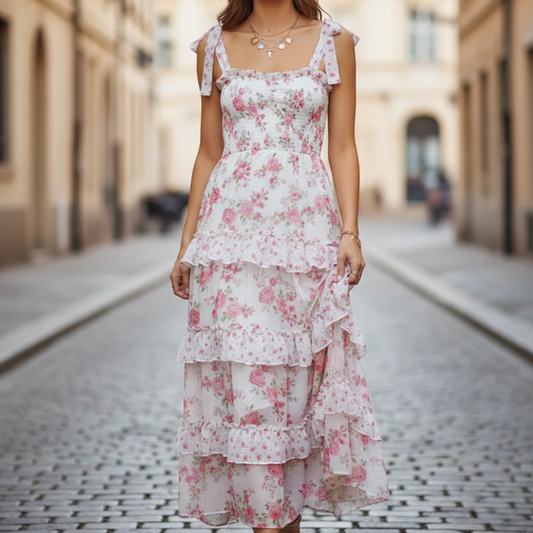 Women's floral square neck maxi dress with tie straps and tiered ruffle skirt