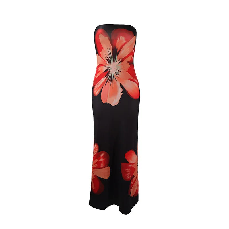 White floral strapless maxi dress with red blossoms and straight floor-length silhouette
