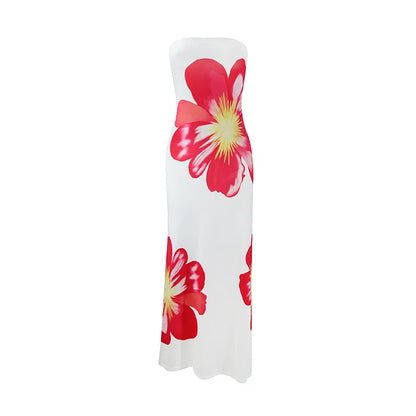 Black floral strapless maxi dress with red and pink flower print and fitted long silhouette