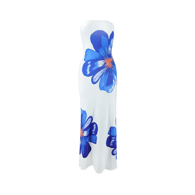 White floral strapless maxi dress with blue blossoms and full-length cut
