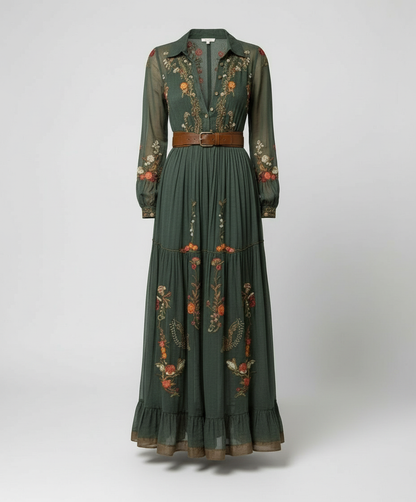Green embroidered floral maxi dress flat lay with button front, long sleeves, and brown belt