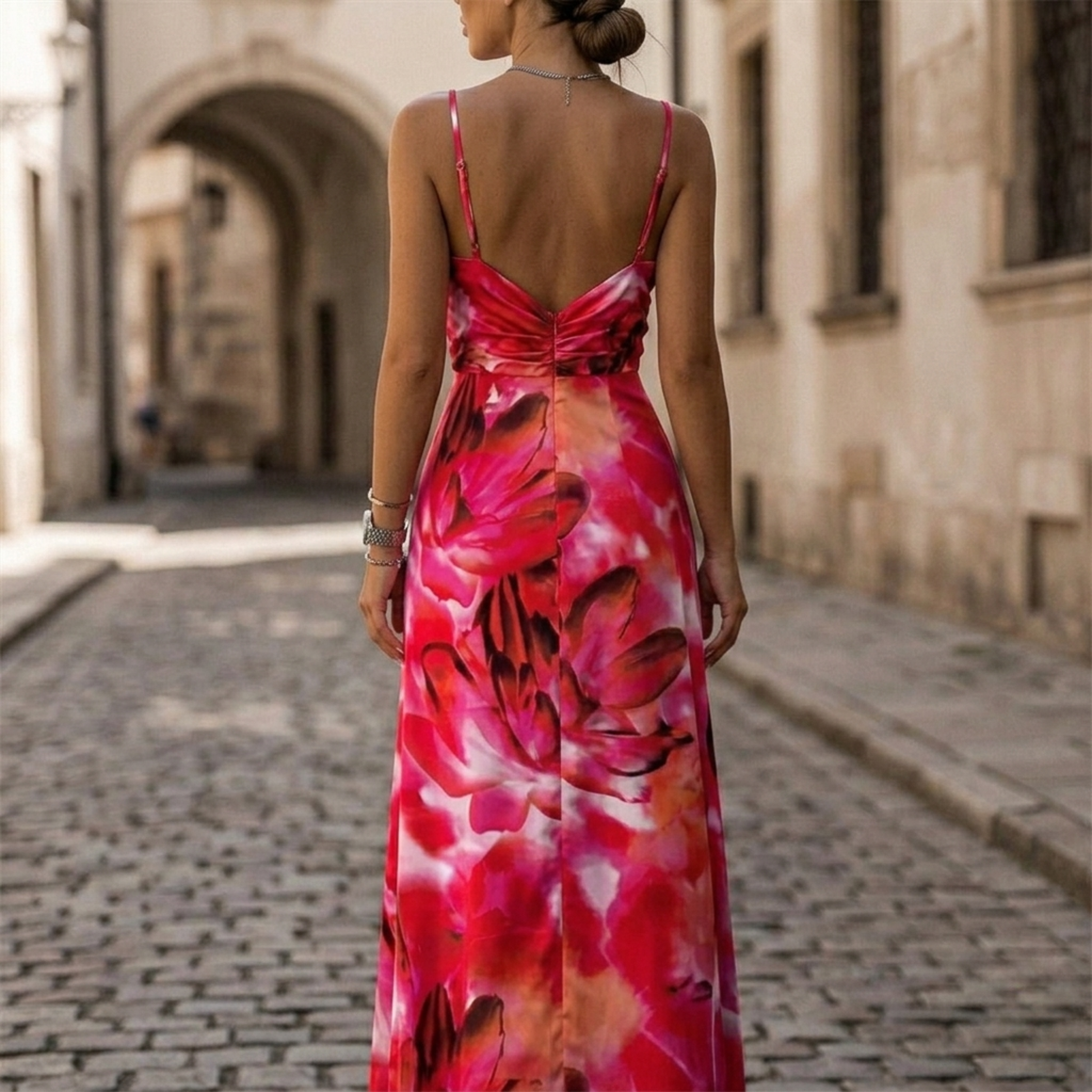 Back view of women's floral maxi dress with straps and open low back