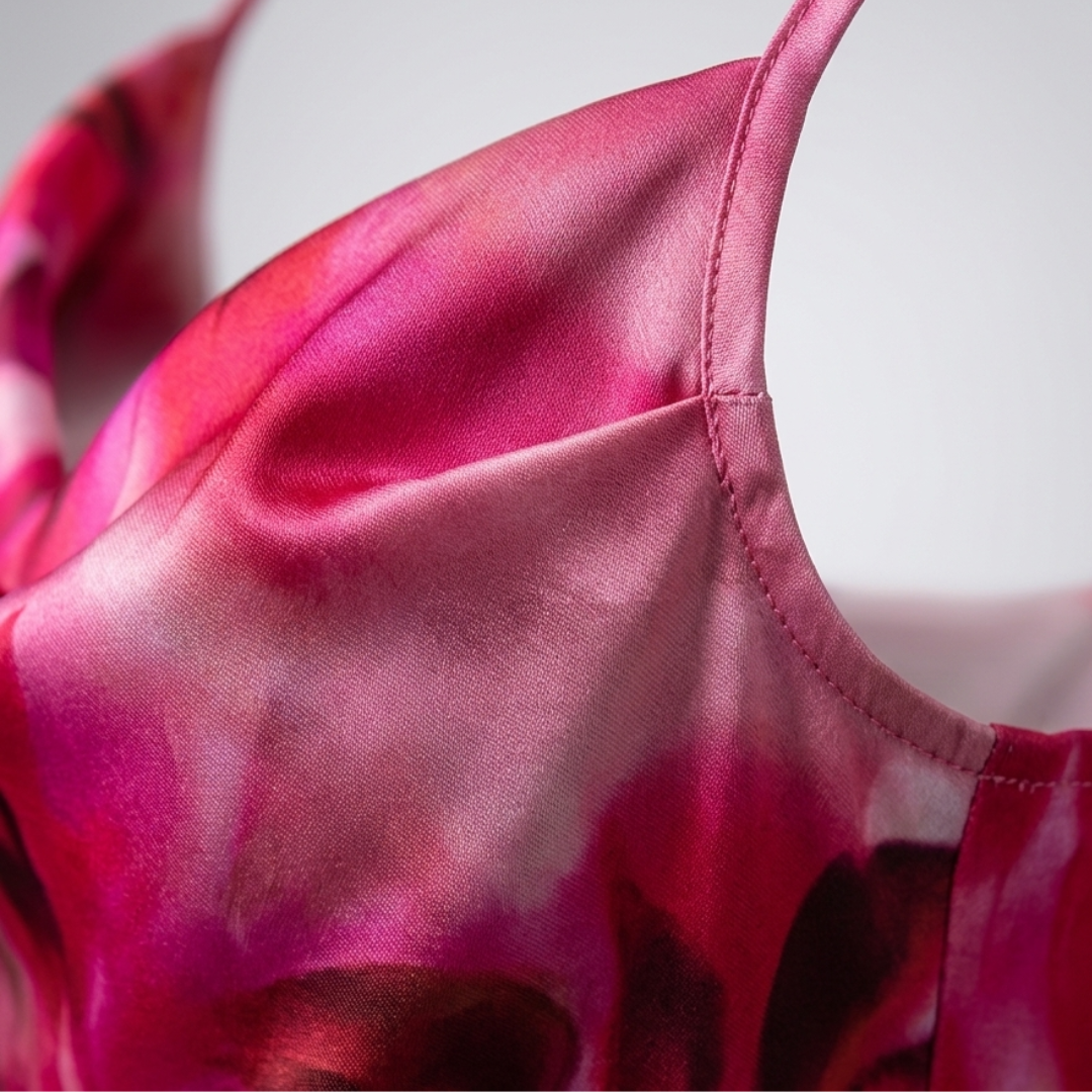 Close-up of pink floral satin fabric on a women's summer dress with thin strap
