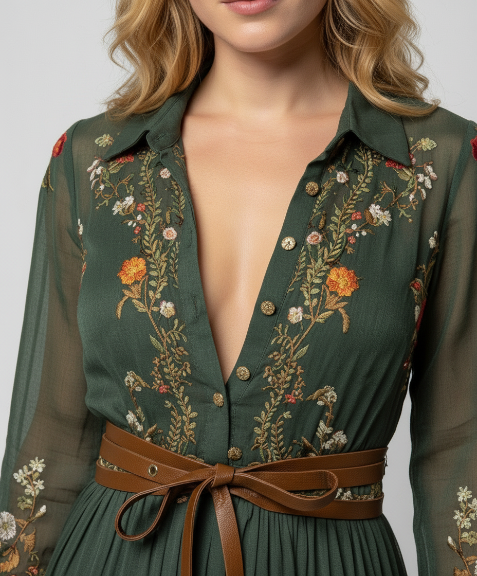 Close-up of green floral V-neck maxi dress bodice with buttons and brown tie belt detail