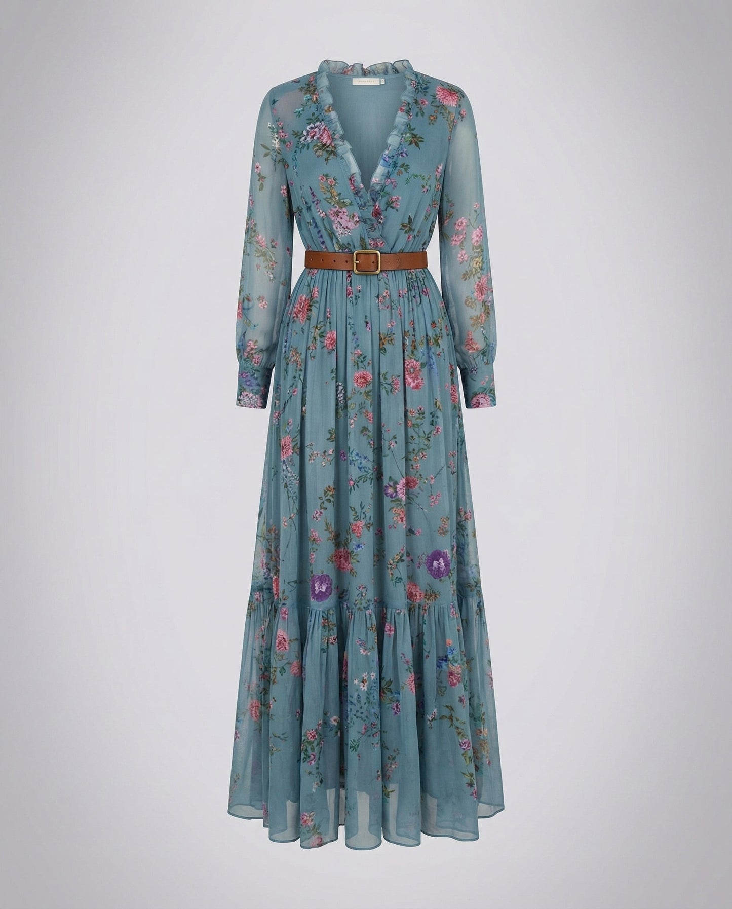 Blue floral V-neck maxi dress with ruffle neckline, long sleeves, and brown buckle belt