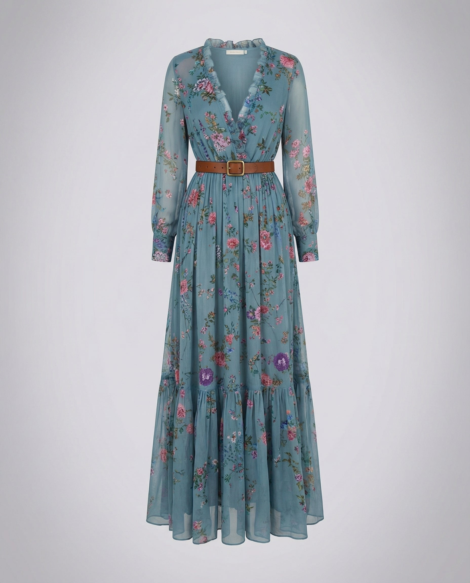 Blue floral V-neck maxi dress with ruffle neckline, long sleeves, and brown buckle belt
