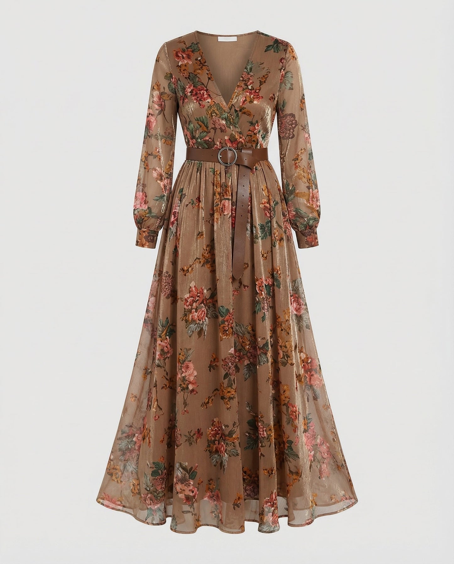 Brown floral V-neck maxi dress with long sleeves, flowy skirt, and wide belt with ring buckle