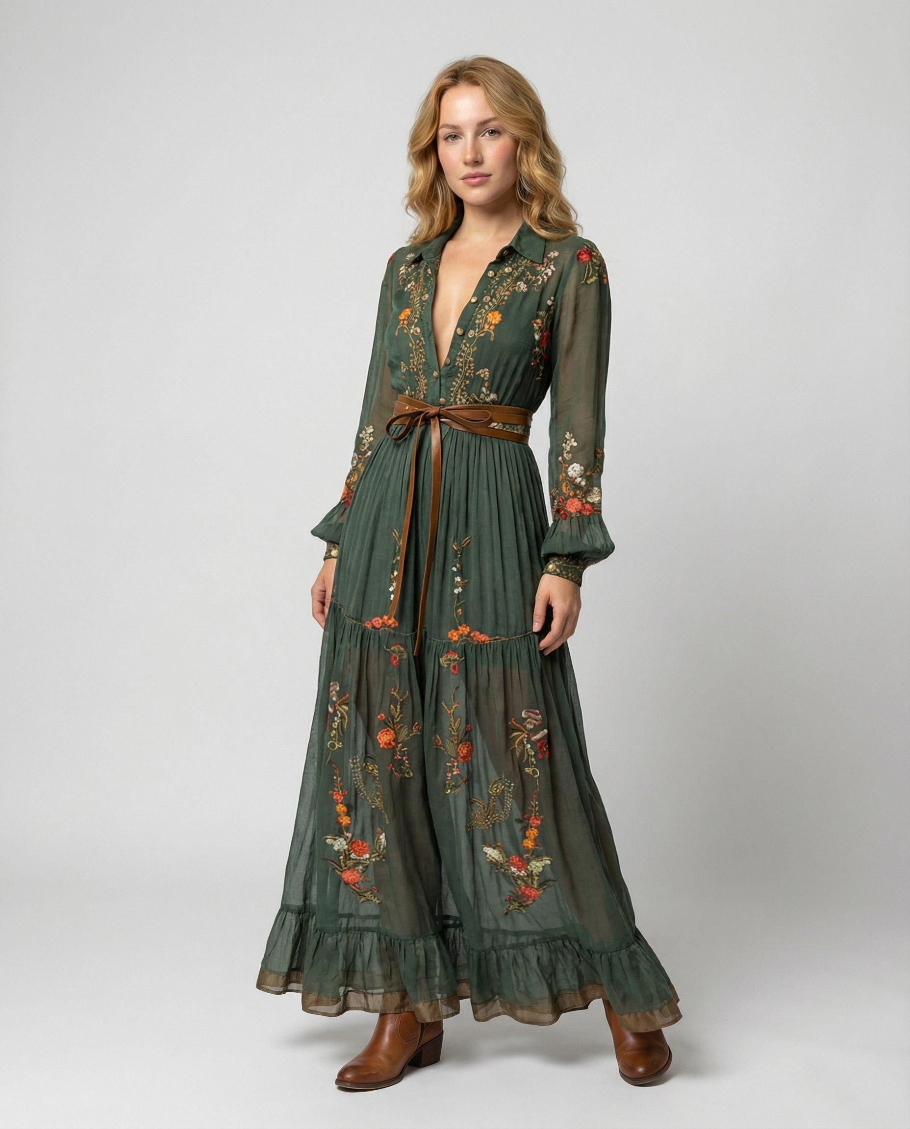 Green floral V-neck maxi dress with long sheer sleeves and tie waist belt, front view