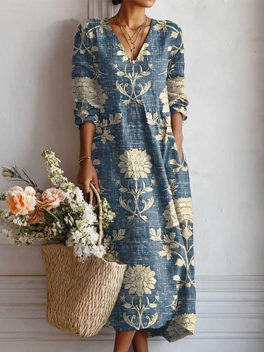 Blue floral V neck midi dress with cream botanical print and 3/4 sleeves, summer dress
