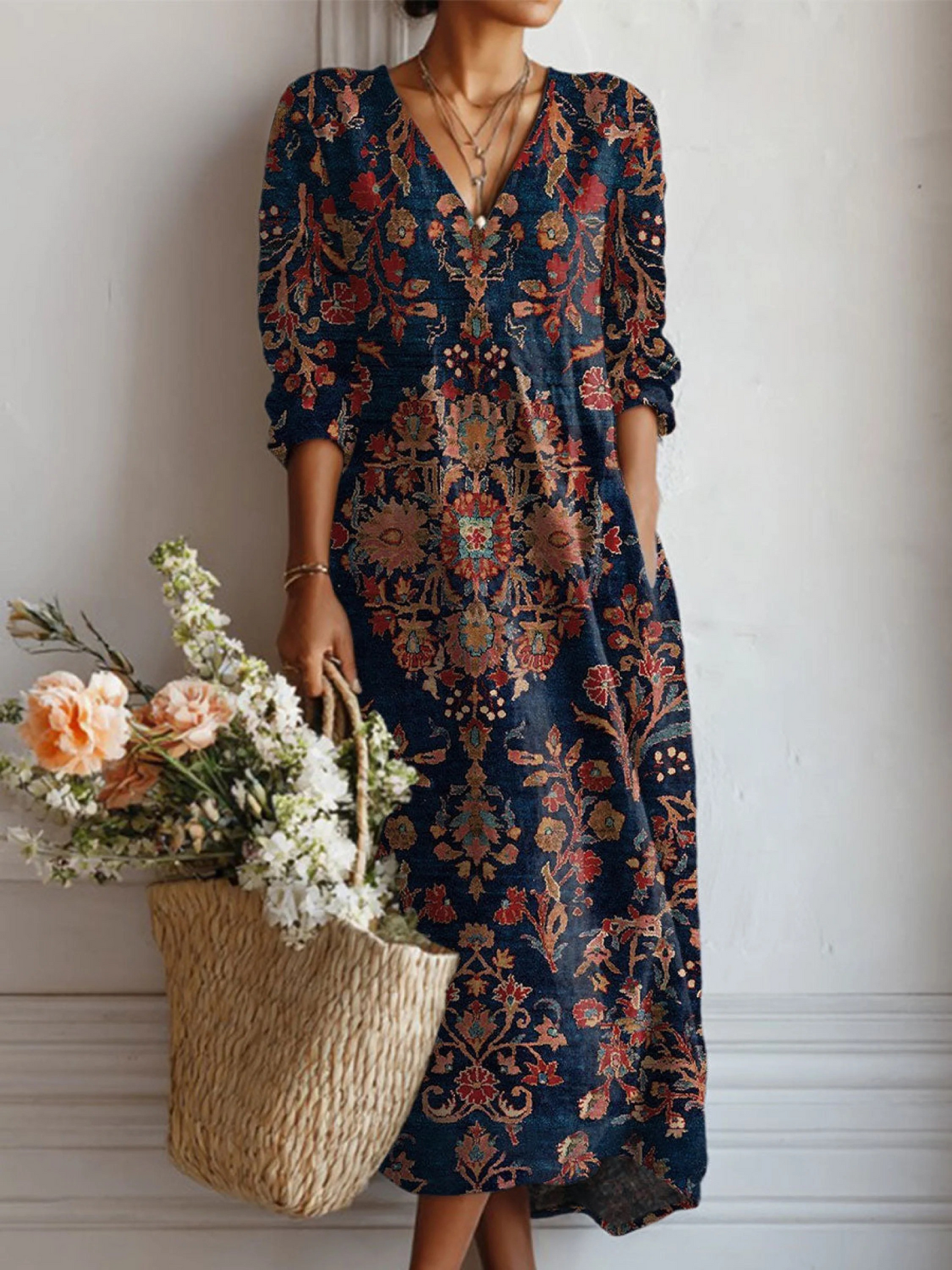 Navy floral V neck midi dress with red and tan vintage print, 3/4 sleeves summer dress