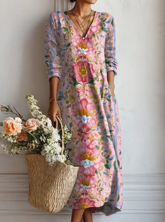 Pink floral V neck midi dress with large flower print and 3/4 sleeves, breezy summer dress
