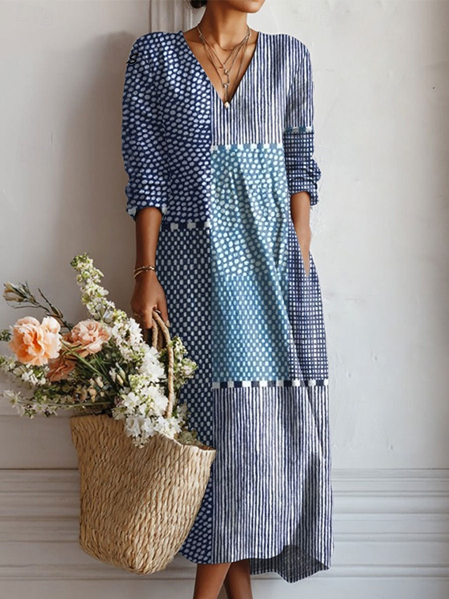 Blue patchwork V neck midi dress with mixed stripe and dot panels, 3/4 sleeves summer dress
