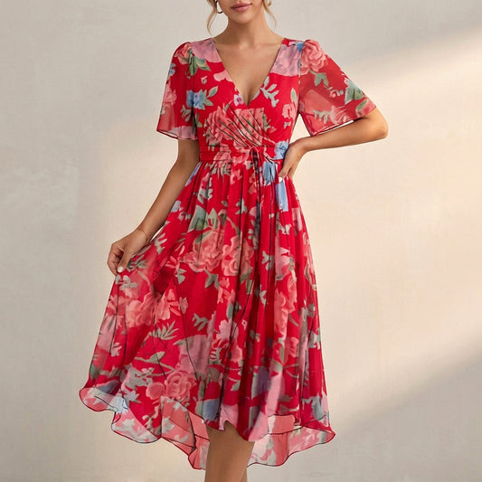 Red floral V neck mini dress with flutter sleeves and flowy chiffon skirt