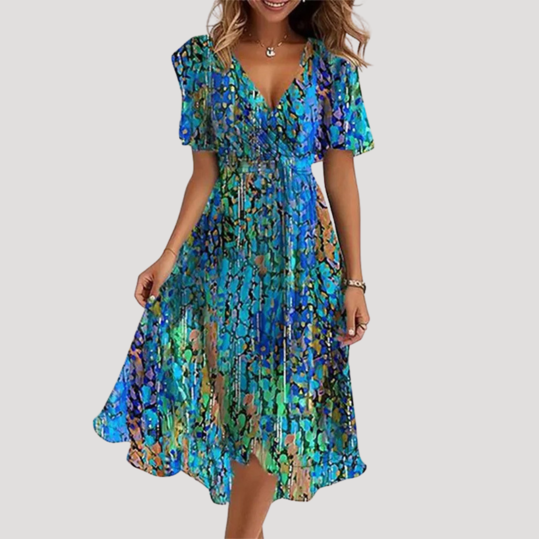 Blue and green floral wrap midi dress with short flutter sleeves and flowy skirt