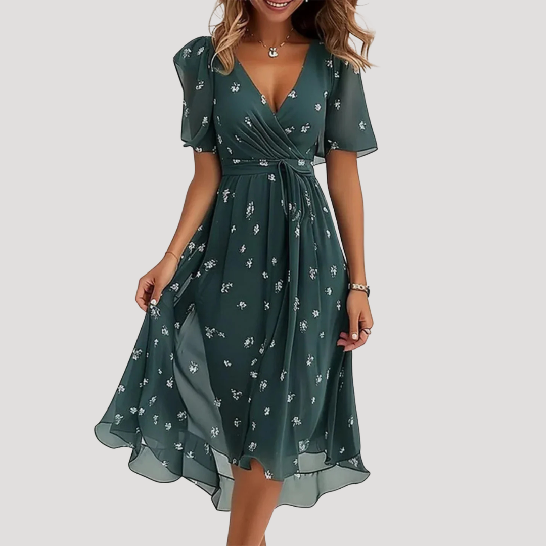 Dark green floral wrap midi dress with V-neck, tie waist and sheer midi length