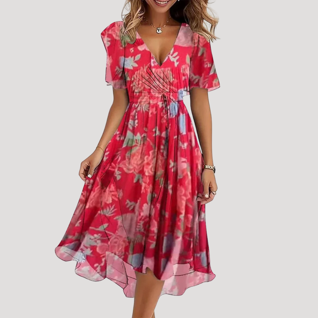 Red floral wrap midi dress with short sleeves, cinched waist and asymmetrical hem