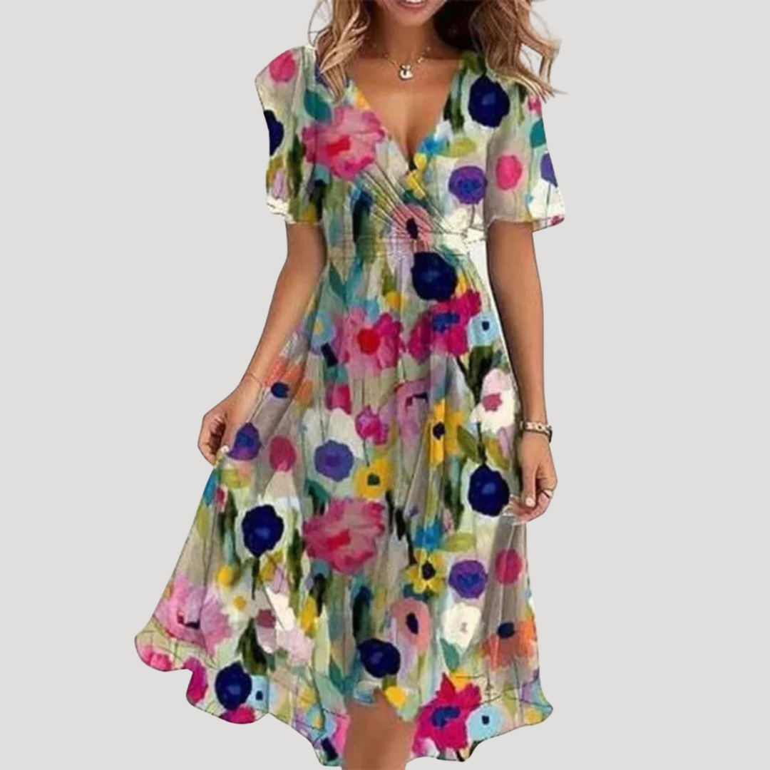 Multicolor floral wrap midi dress with V-neck, flutter sleeves and airy summer style