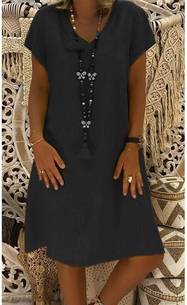 Black linen V neck A line mini dress with short sleeves for casual summer wear